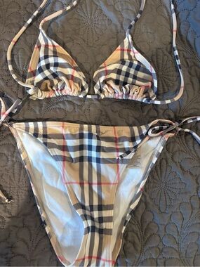 Burberry Beige Plaid Bikini Set with Navy and Red Accents